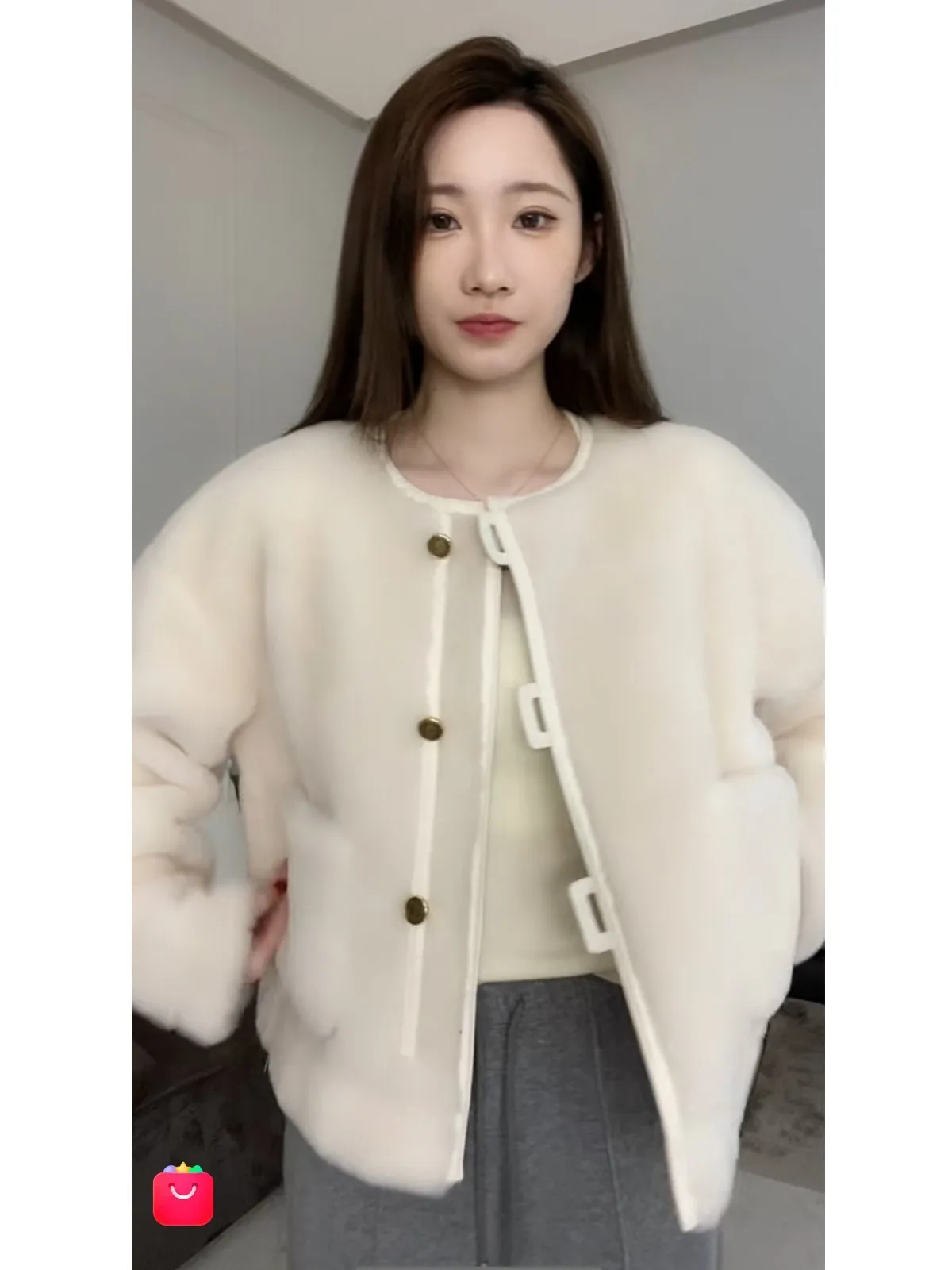 

Seeyouiceland00 Full Wool Fur Inteated Small Fur Coat Casual Loose Sle Women's Winter Faion Youth Leather Goods
