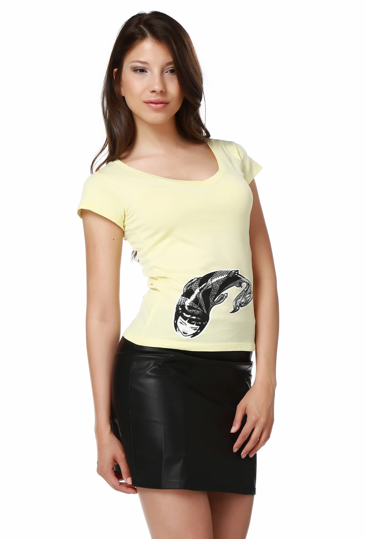 Womens Tshirt Lemon Yellow V Neck Fish Design Printed High Quality T shirt Ladies Top Short Sleeves Tees