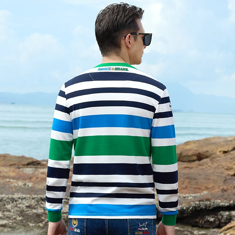 New Men's T Shirt Full Sleeve Striped Round Bruce&Shark Men Autumn Clothes Fashion Casual Loose Style Cotton Big Size Men Tees