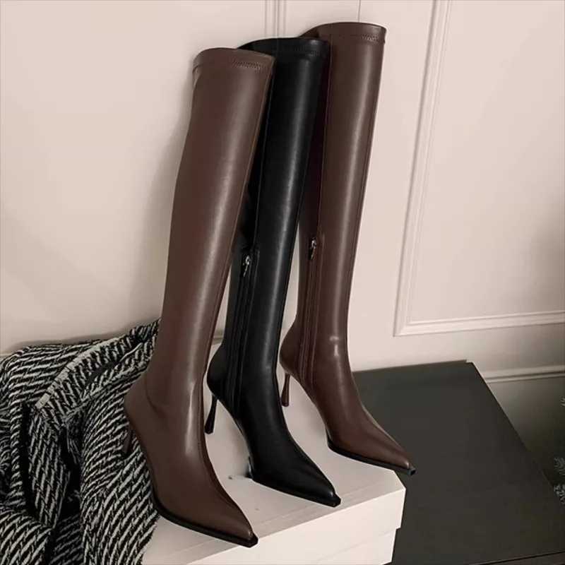 Stretch-High-Heel-Overknee-Stiefel für Damen, neue spitze Zehen, hoher, dünner, dünner Absatz, sexy, dünne, dünne Stiefel