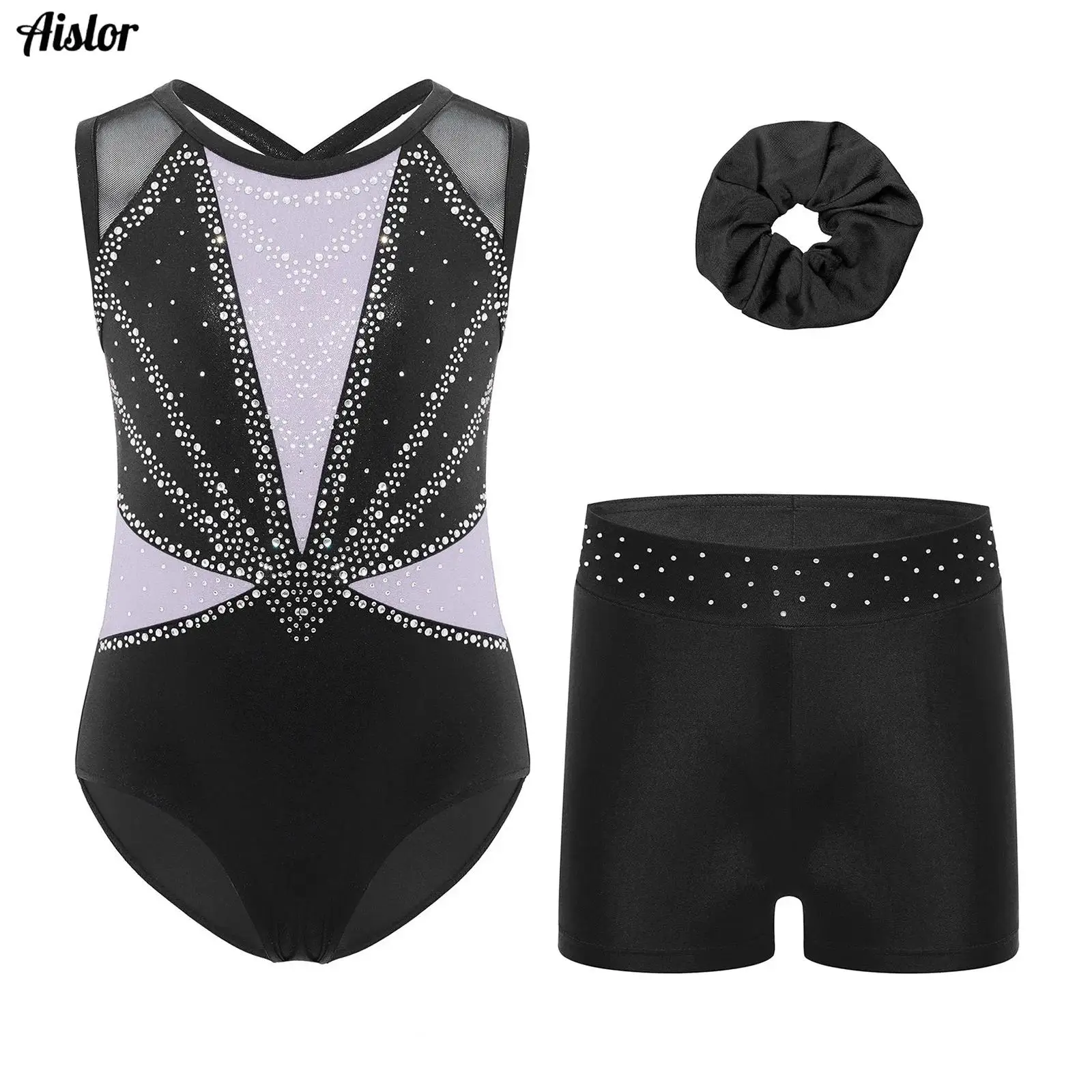 

Kids Girls Gymnastics Ballet Dance Outfit Sleeveless Crisscross Back Rhinestones Color Block Metallic Leotard+Shorts+Hairband