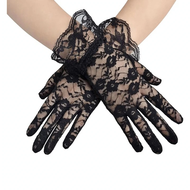 Vintage Women's Sheer Short Lace Gloves Floral Wrist-Length Fancy Costume Accessory for Derby Tea Party Dinner