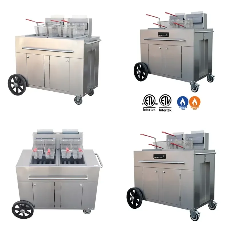 2026 High-Efficiency Stainless Steel Double Tank 4-Wheel Commercial Grade Outdoor Fryer CE ETL Certification for