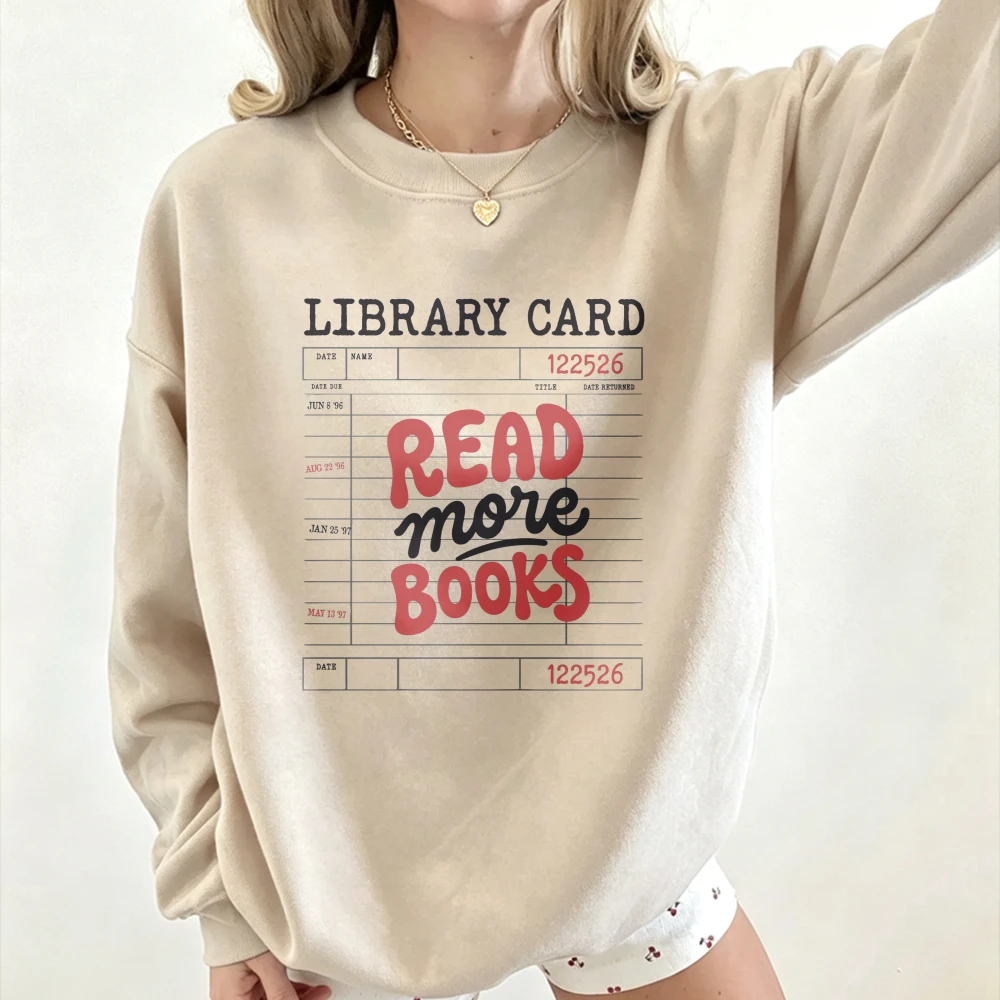 Bookish Reader Crew Sweatshirt Read More Books Library Card Distressed Graphic Unisex Crewneck Vintage Aesthetic Book Lover Tops