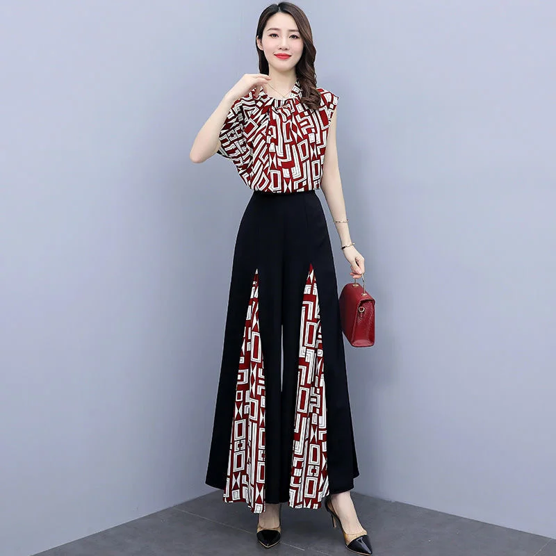 

Women's Fashion Suit 2023 New Summer Temperament Plus Size Clothing Chiffon Corp Tops And Wide Leg Pants Two Piece Set For Women