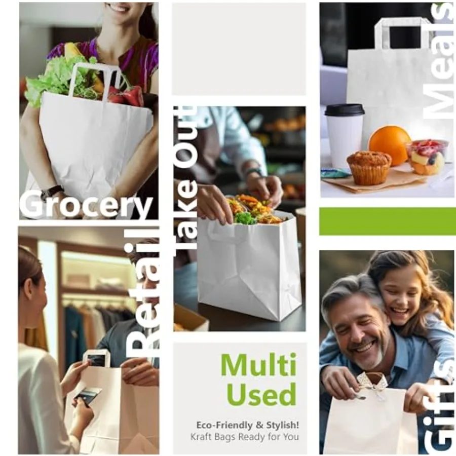 Pack of 200 Wite Kraft Paper ags wit Flat andles 10 1/4 x 6 11/16 x 11 Inces el Key West Durale and Perfect for Retail Grocery