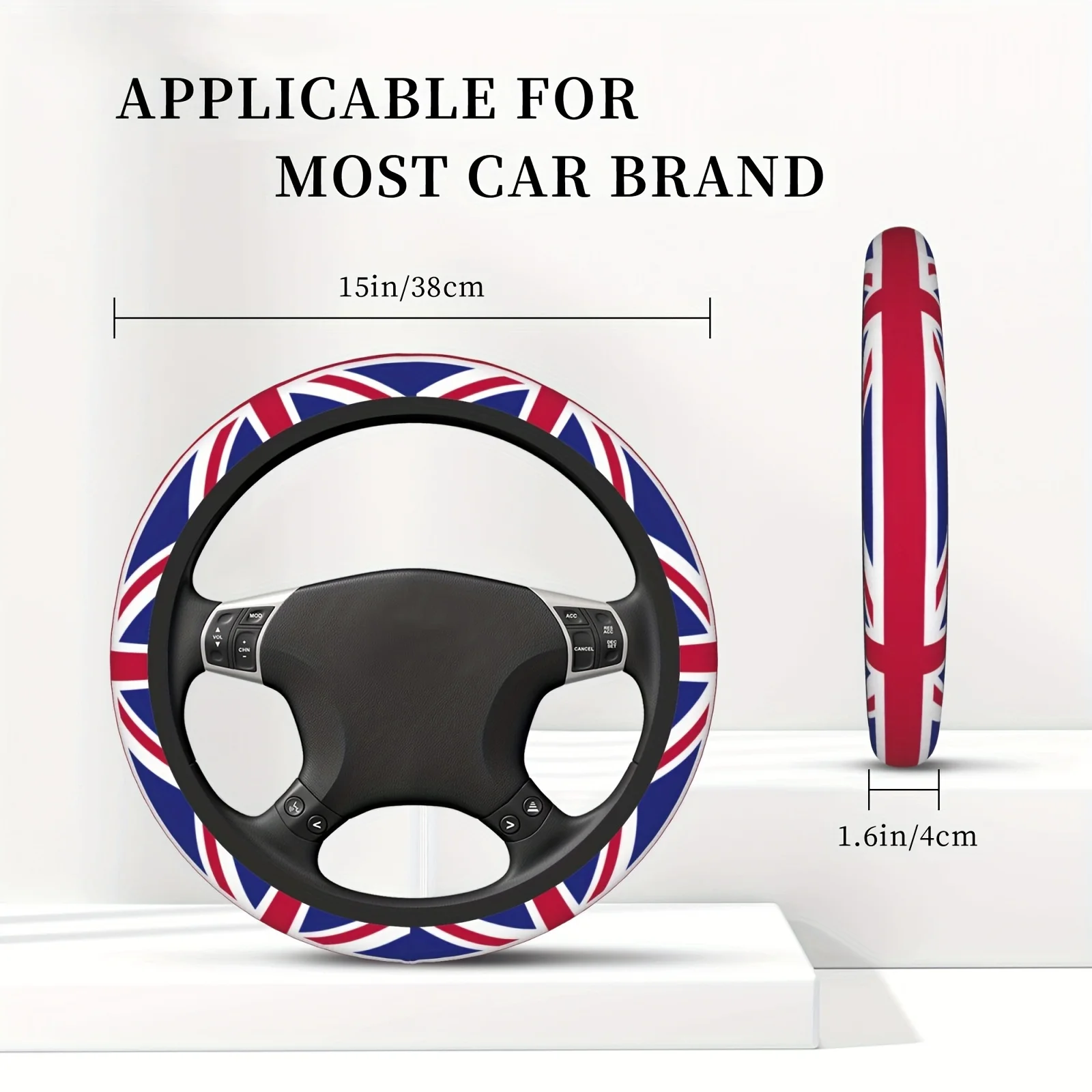British Union Jack Elastic Steering Wheel Cover, Universal Fit 15-Inch Anti-Slip Grip, Durable Polyester Fiber Car Wheel Protect