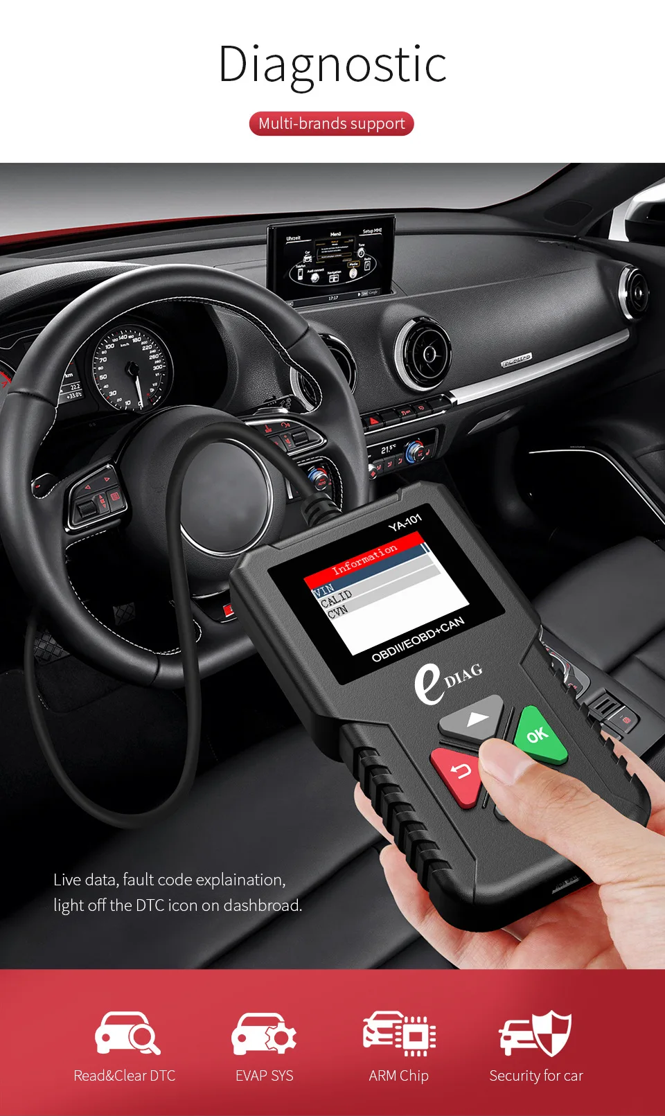 

YA101 OBD2 Scanner Car Engine Code Reader Check Engine Light Diagnostic Tool Automotive Fault Code Reader