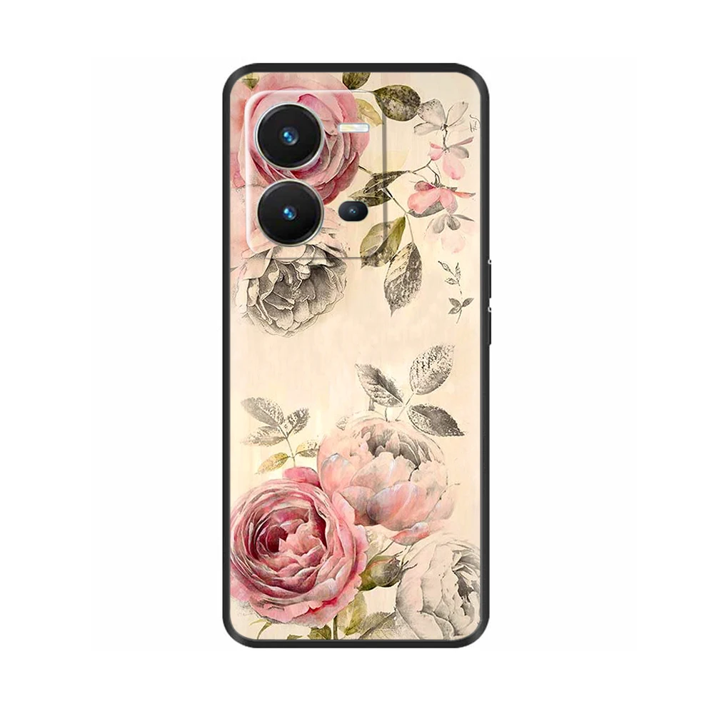 Case For Vivo X80 Lite Case 5G Black Silicone Soft Phone Cover For Vivo X80Lite X 80 Back Coque Funda Cover Cat Flower 6.44 inch