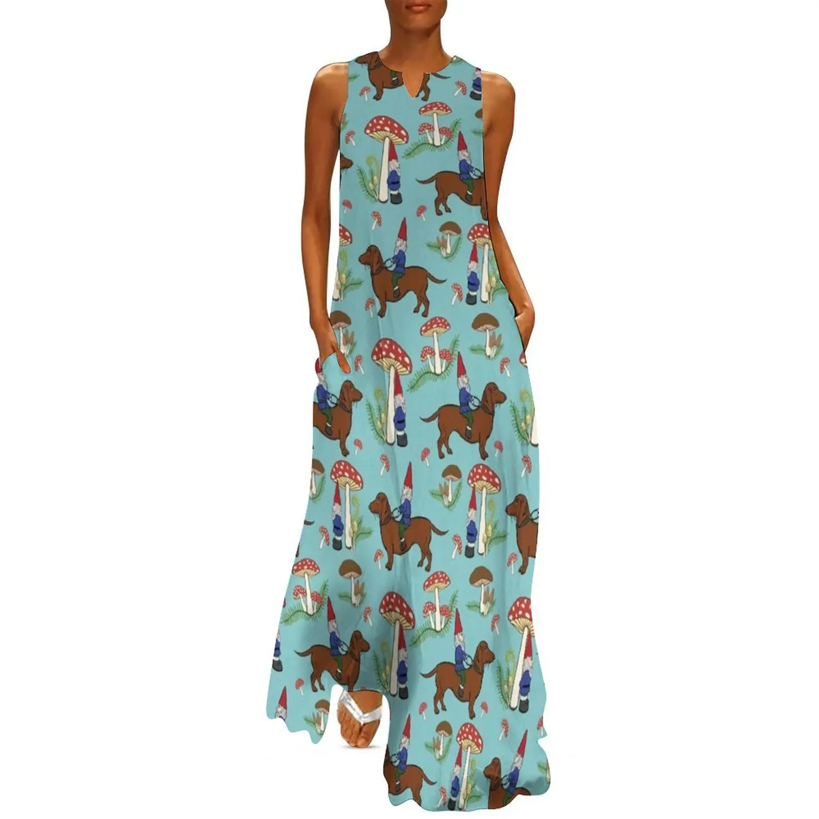 

Gnome and Dachshund in Mushroom Land, Turquoise Blue Background Long Dress sexy dress dress for women bandage