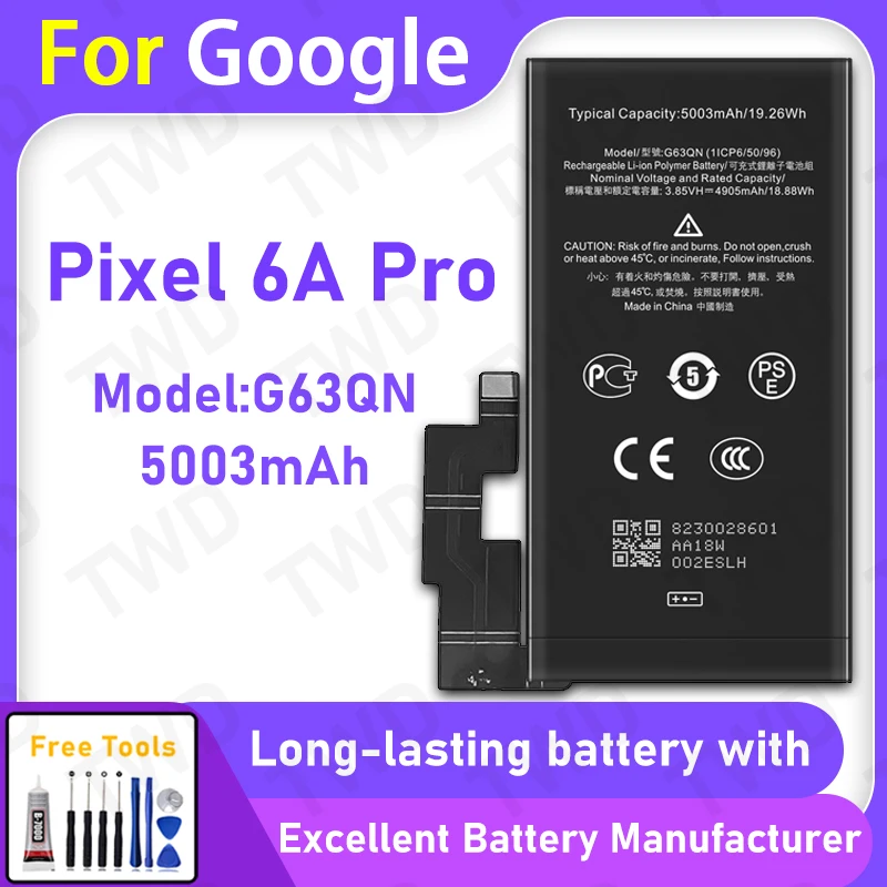 100% New 5003mAh G63QN Battery For Google Pixel 6A Pro Replacement Bateria