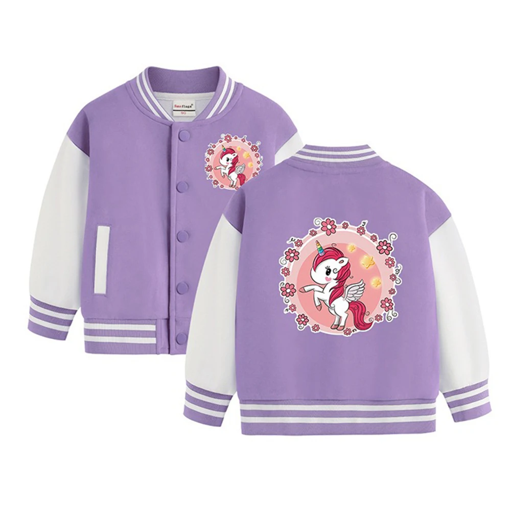 

2024 New Pattern Loose Coat Girls Unicorn Autumn Children Baseball Uniform Sportwear Tops Children Long Sleeve Cartoon Clothing