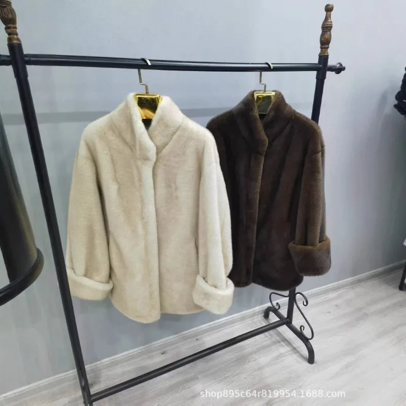 

New Women's Mid-Length Coat Luxury Brand Faux Fur Jacket Integrated Fur Lining O-Neck Design Faux Mink Fur Wholesale