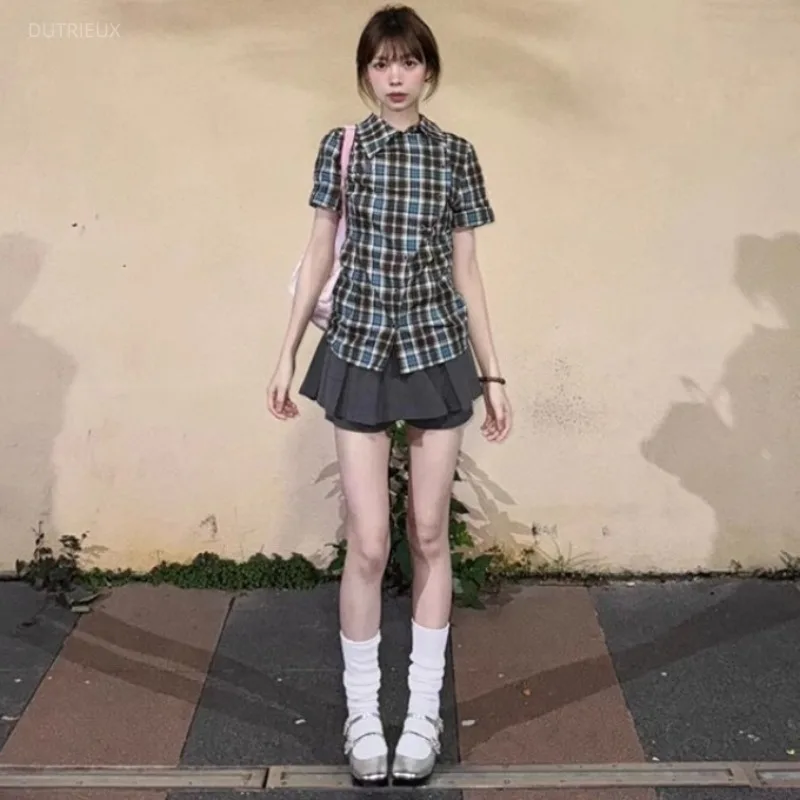 Korean College Style Youthful Sweet Girl Lapel Short Sleeved Plaid Shirt Fashion Pleated Skirt Summer Y2k Harajuku Two-piece Set