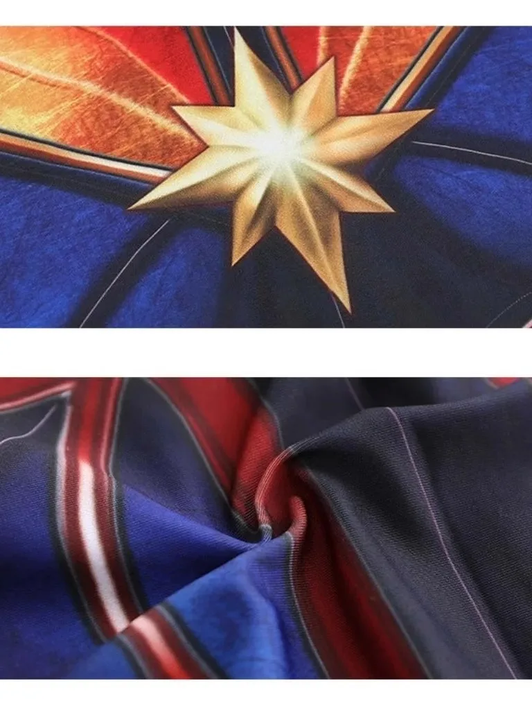 ชุดจั๊มสูทสำหรับผู้หญิงลายกัปตันชุดคอสเพลย์ผู้หญิงซูเปอร์ฮีโร่ชุดติดกันสำหรับงานเทศกาลฮาโลวีนงานคาร์นิวัลเด็ก