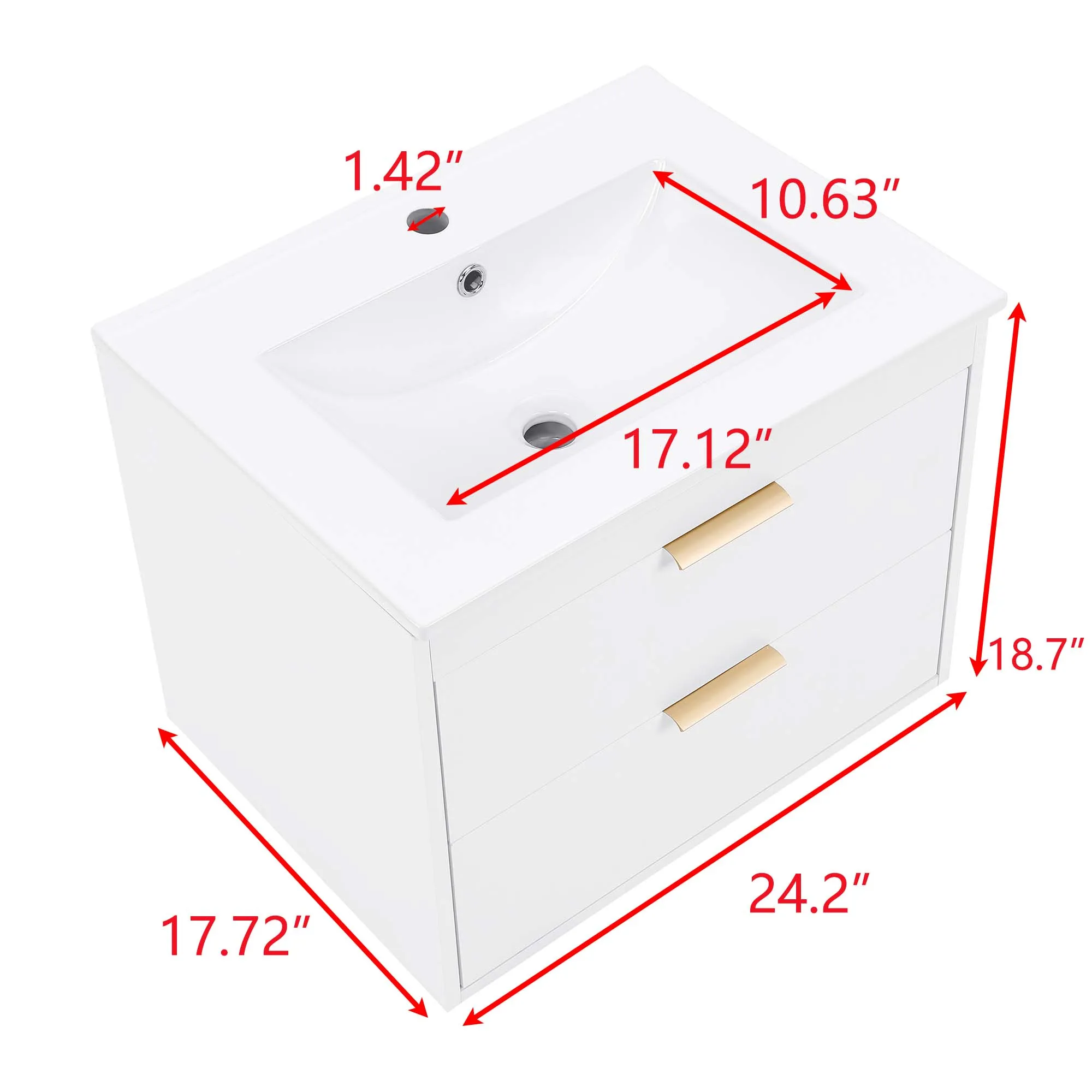 24" Floating Wall-Mounted Bathroom Vanity with White Ceramic Sink, Modern Design, and Drawer Storage for Space-Saving