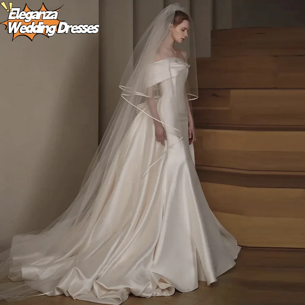 Customized Off The Shoulder Short Sleeve  Beading Bow Satin 2 Pieces Mermaid Wedding Dress With Detachabel Train 1