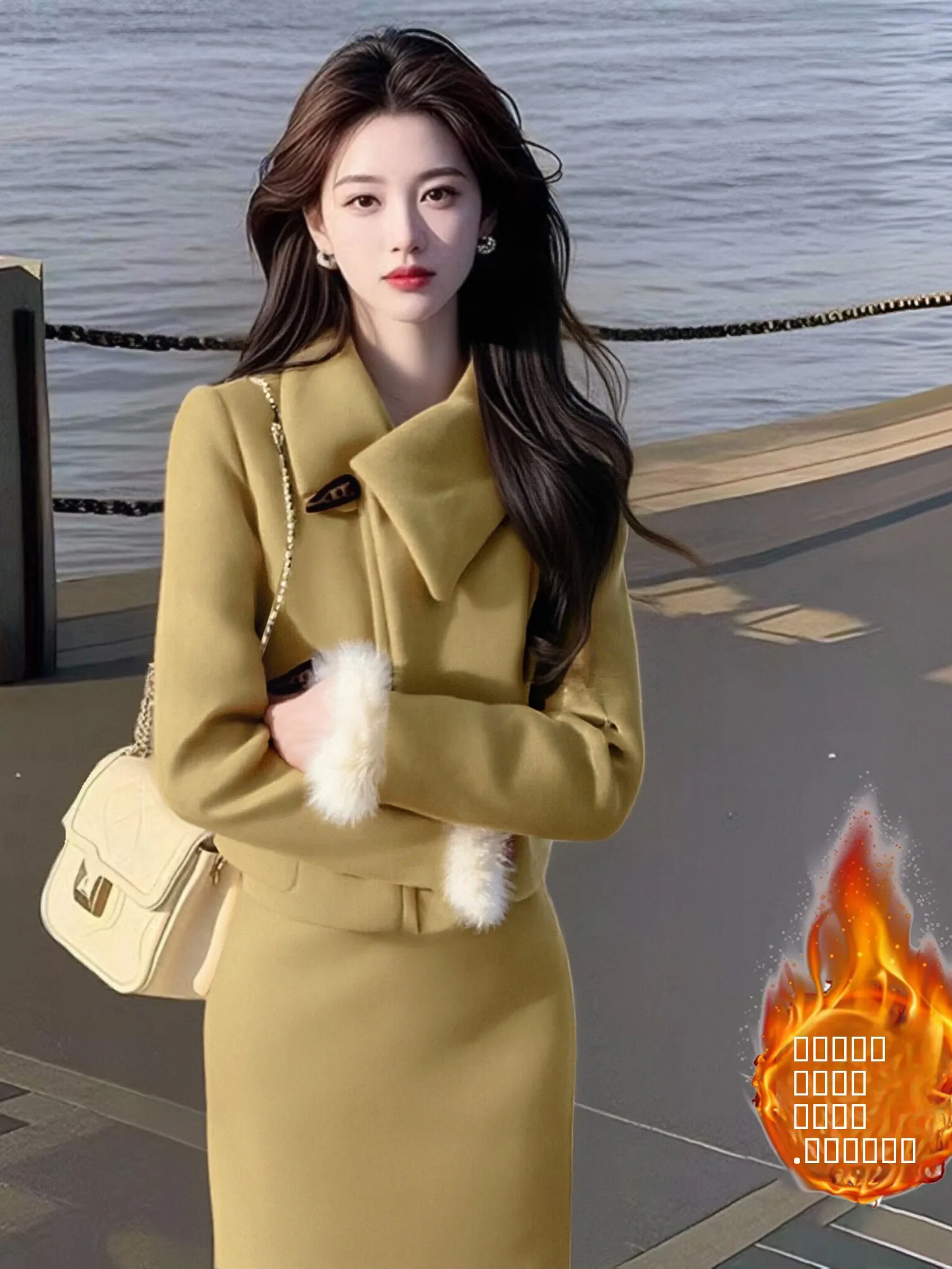 Conjunto de Saia e Casaco de Algodão Acolchoado para o Inverno, Novo, Estilo Francês, Duas Peças QY023A, Conjunto Feminino Longo