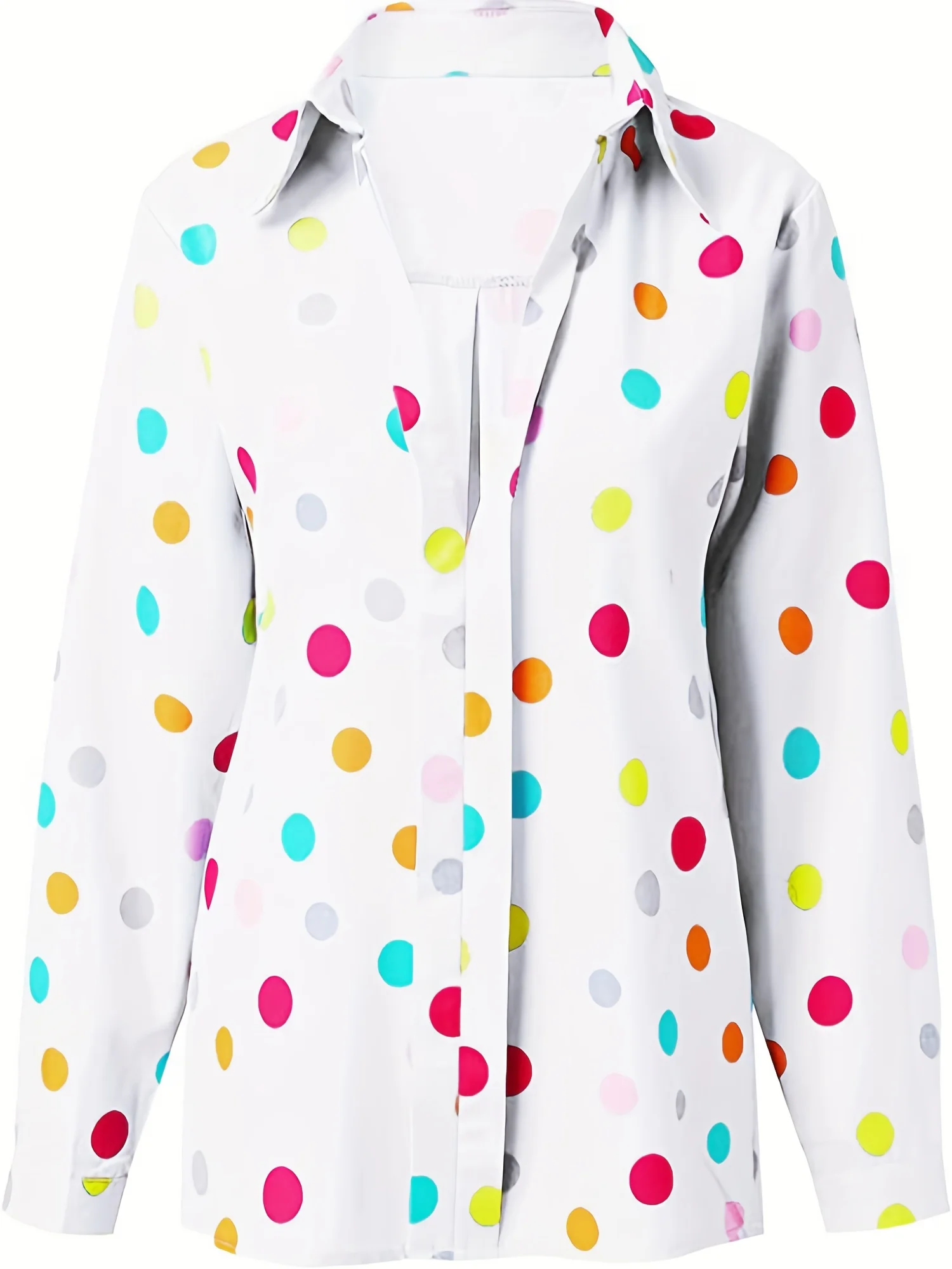 Plus Size Women\'s Long Sleeve Shirts Multicolor Polka Dot Button Down Blouse T-Shirt