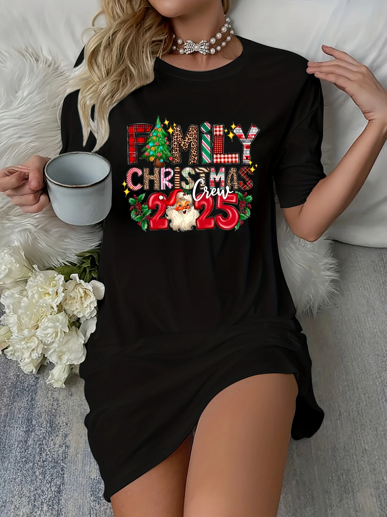Vestido de natal feminino família natal 2025 impressão a linha vestido feminino véspera de ano novo vestido de festa feminino de manga curta y2k