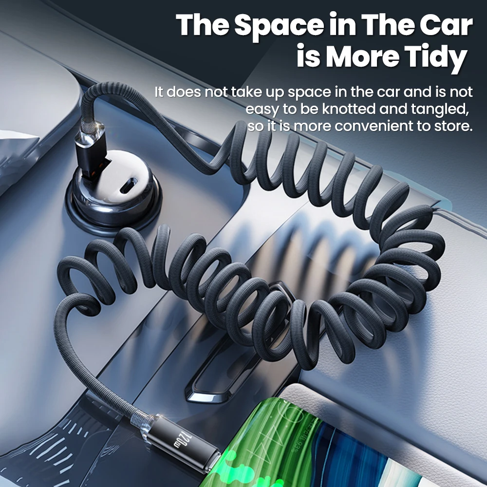 Retractable Coiled USB A/Type-C to C Cable 120W Super Fast Charge Anti-Tangle Car Charging Wire For Android IOS Cellphone