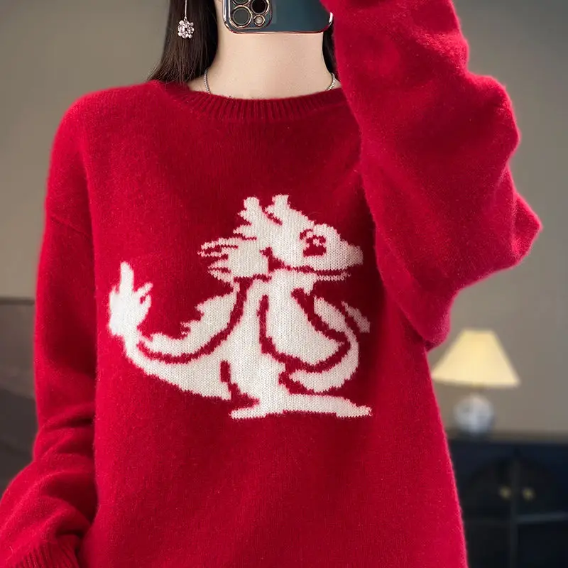 Long Sleeve New Year Red Sweaters Autumn Winter O-Neck Women Knitted Tops Pullover Cashmere Clothing Basic Knitwear