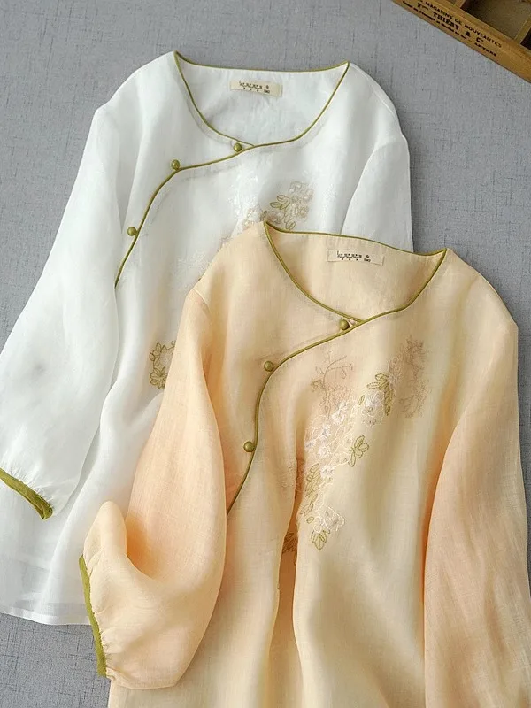 Nouveau chinois Sle femmes brodé lin irt été nouveau Sle Oblique revers lin thé Costume petit coton lin haut