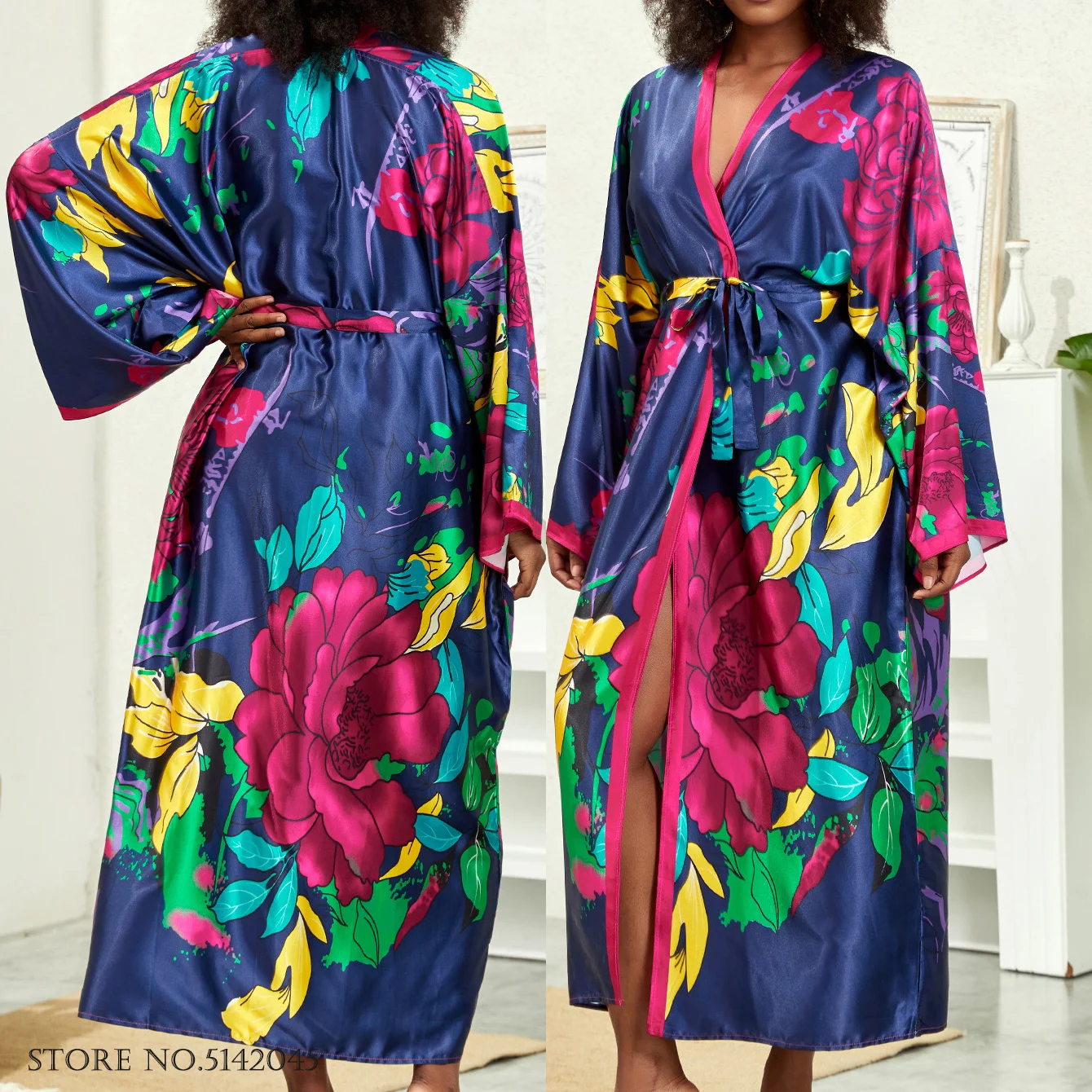 Long Kimono Bath Robe Gown Wide Sleeve Print Flower Robe Women Satin Nightgown New Silk Satin Nightdress V-Neck Lounge Sleepwear