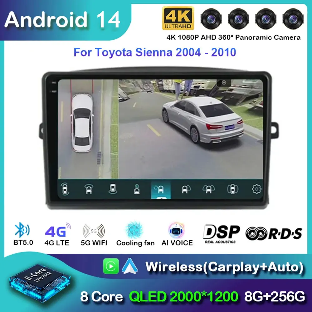 

Автомобильный радиоприемник на Android 14 для Toyota Sienna 2004-2010, навигация GPS, мультимедийный видеоплеер, стерео, беспроводной Carplay, авто, Wi-Fi + 4G