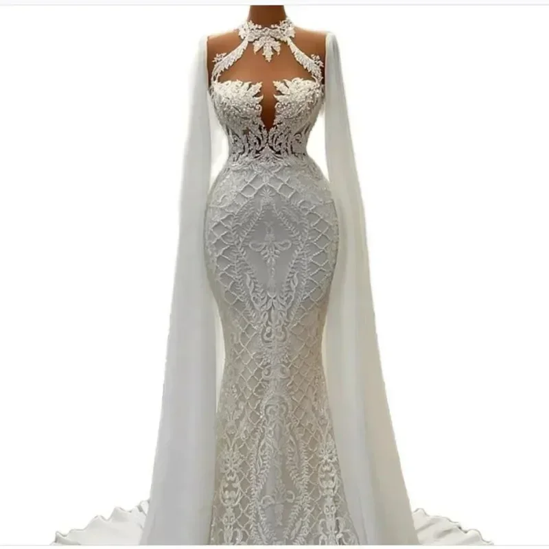 Customized  High Neck Lace Mermaid Wedding Dresses With Cape Robe De Mariée 2025 Real Photo Bridal Gowns