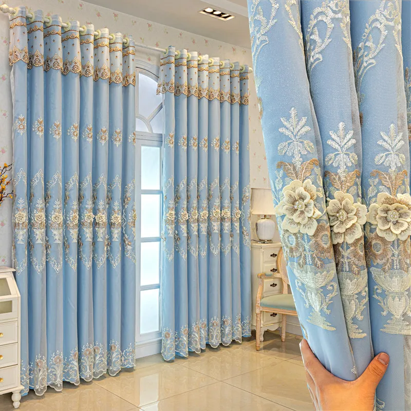 

Simple Europeandouble-layer Thickened Curtains for Living Room Bedroom Blackout Gauze Integrated Luxurious Relief Embroidered