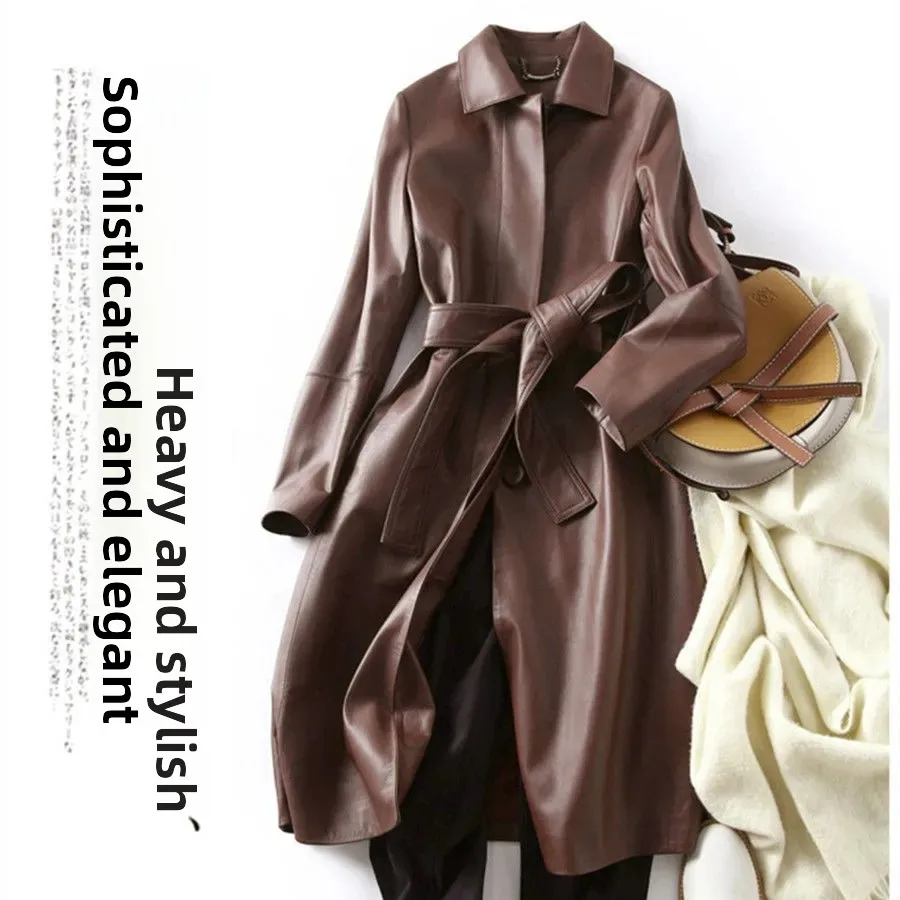 معطف نسائي طويل من الجلد الناعم لعام 2025 من Hebe Sle مصنوع من الجلد البني Jaet مقاس متوسط الطول سترة واقية من هاينينغ