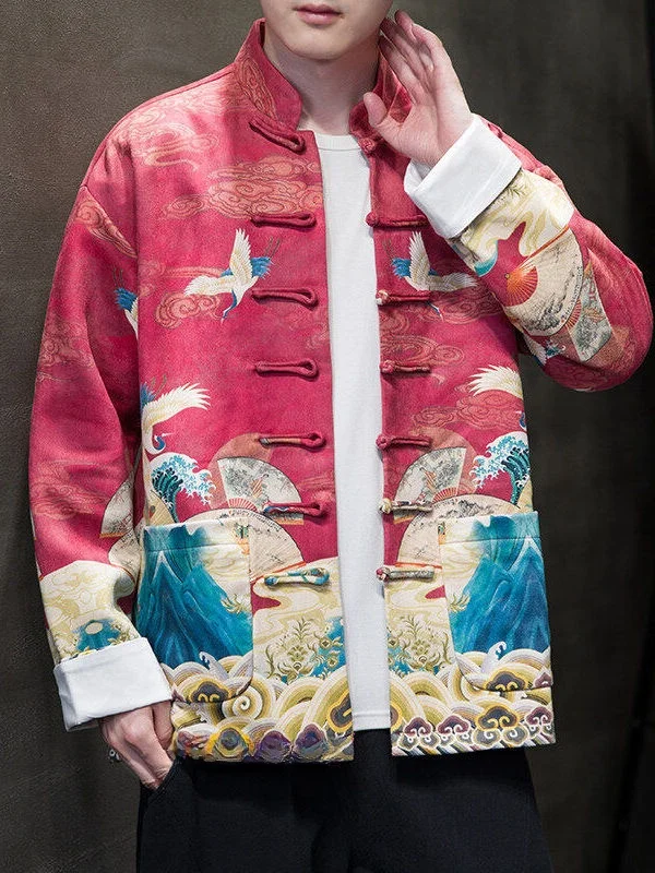 

New Chinese Sle Men's Jaet Spring Faion Print Collar Button up Outerwear Thiened Long Sve Youth Stand Fit