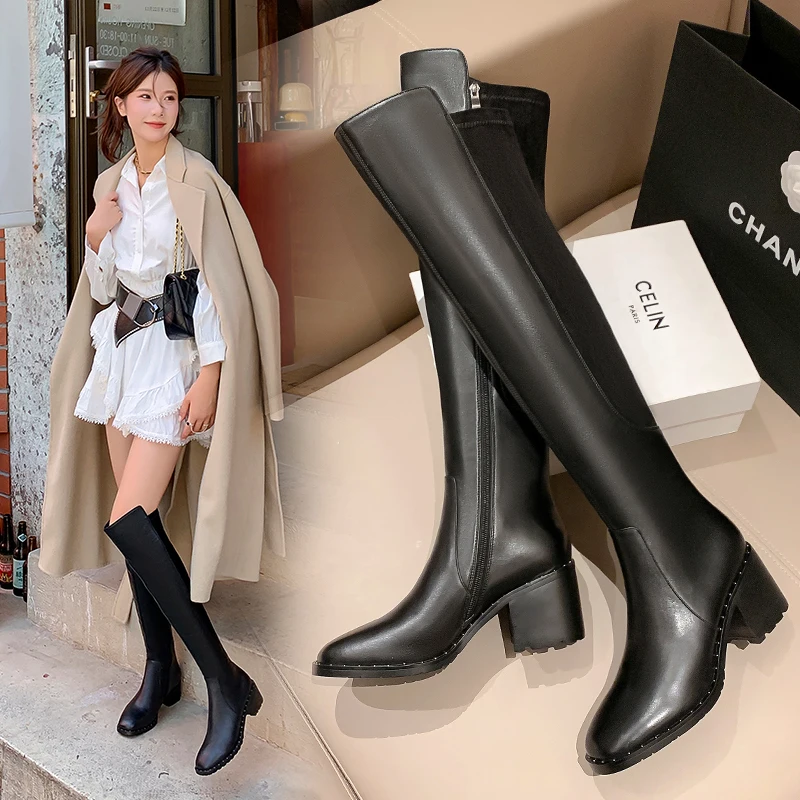2026autumn winter women over-the-knee boots natural leather 22-25cm cowhide+microfiber/plush side zip high heel women long boots