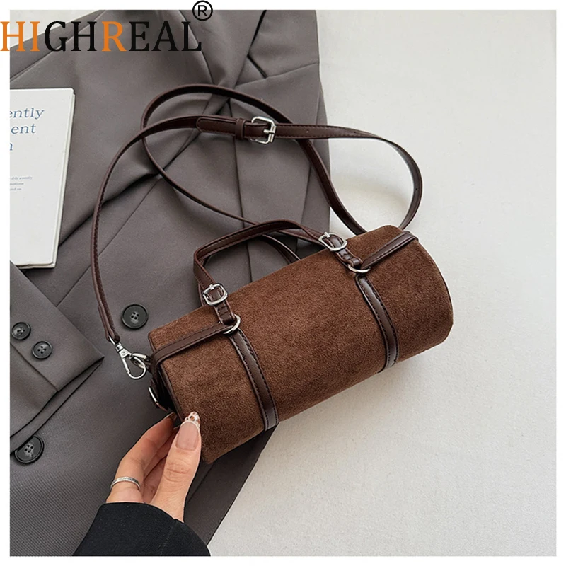 

Fashion Barrel-shaped Women Handbags Faux Suede Crossbody Bag Candy Color Small Flap Shoulder Bags for Women PU Clutch Ladies