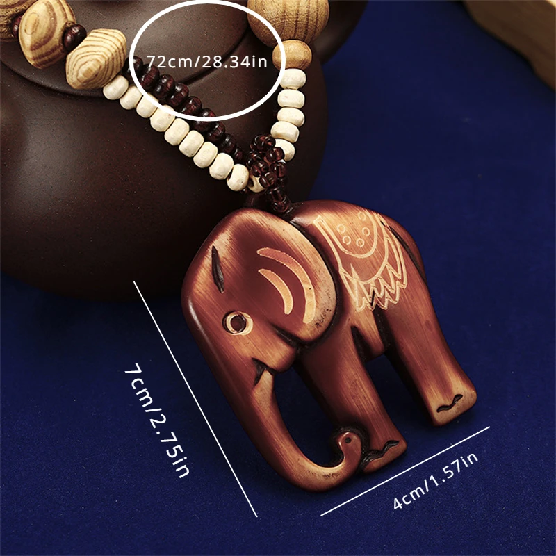 Bohemian Wooden Retro Geometric Elephant Necklace for Men and Women Ethnic Style Beaded Pendant Sweater Chain Jewelry