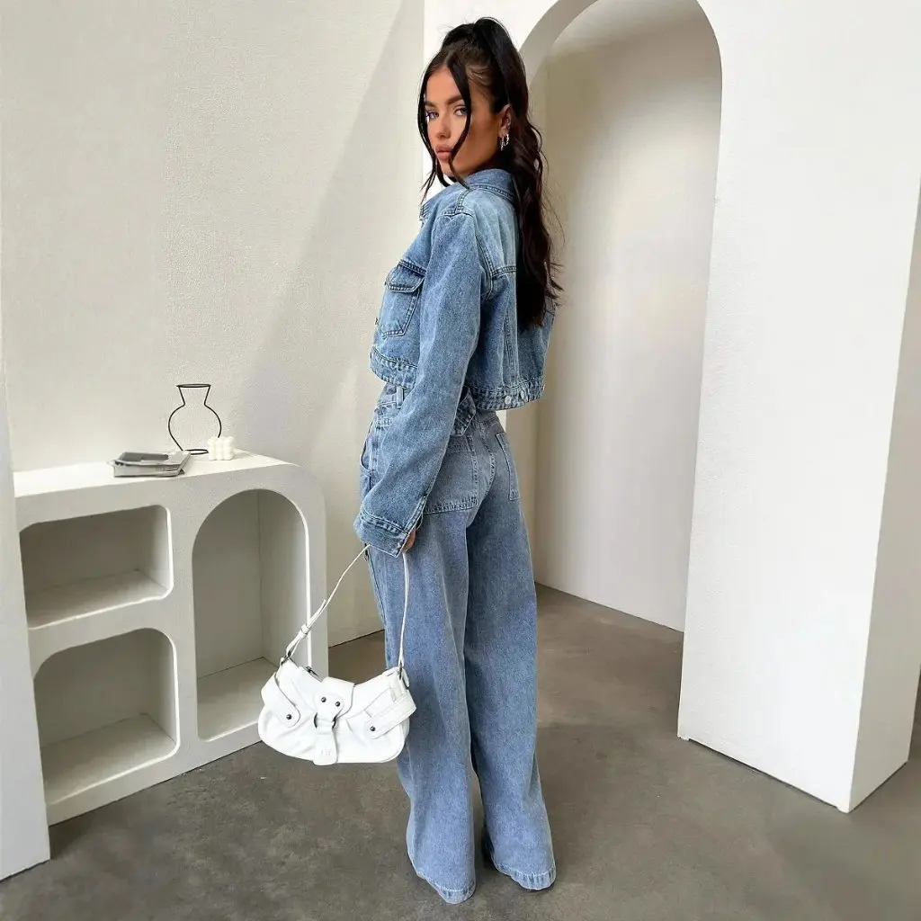 

Fashion Vintage Wide Leg Casual Jeans European And American Style Pocket Washed Straight Tooling Women's Jeans