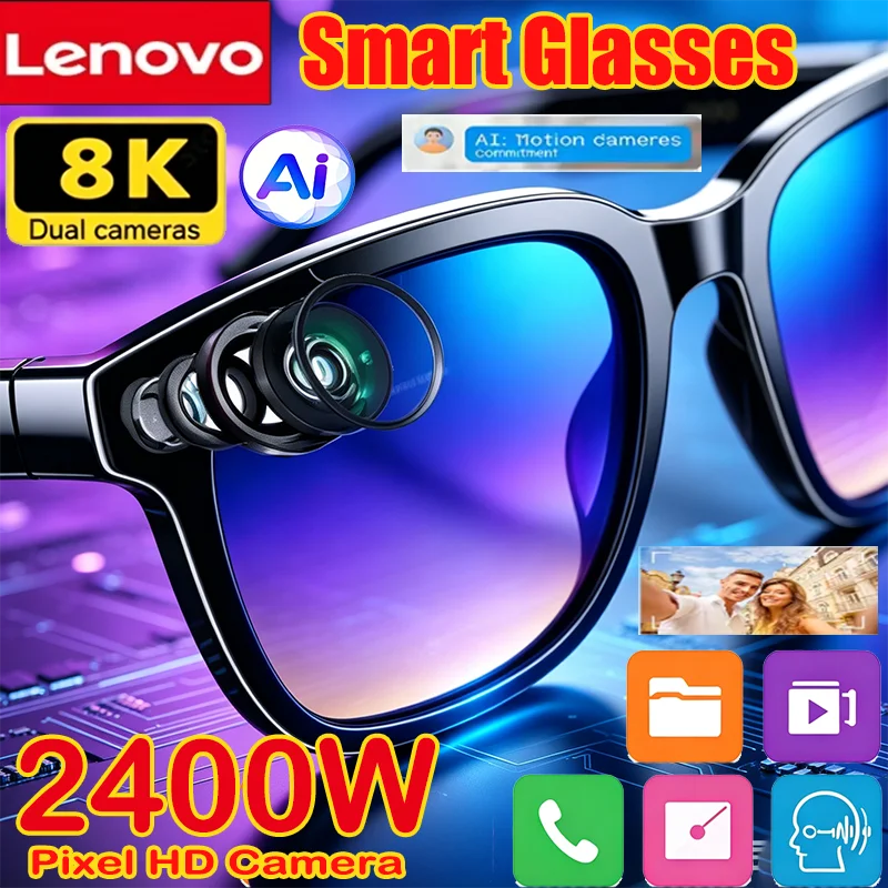 Lenovo Wireless Bluetooth AI Sunglasses 8K HD Touch Control Remote Camera Video Recorder Voice Assistant Translator