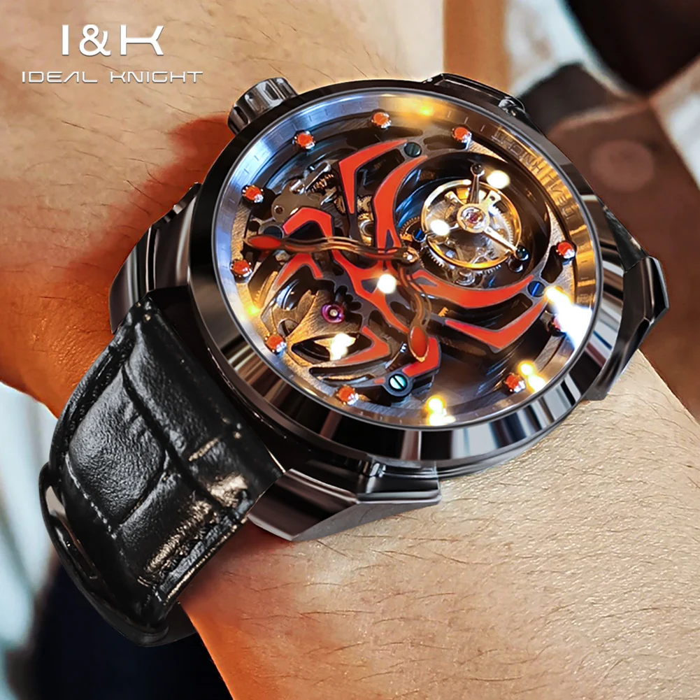 IDEAL KNIGHT 6802 Tourbillon Watch Black Steel High end Watch Luminous Spider Dial Hand Clock Automatic Mechanical Watch