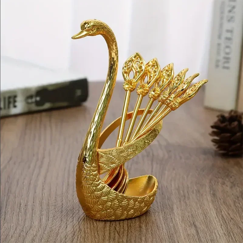 Elegant Gold Alloy Swan Fruit Fork and Spoon Set, 7-Piece Luxury Dessert Utensils with Coffee Spoon and Cake Fork