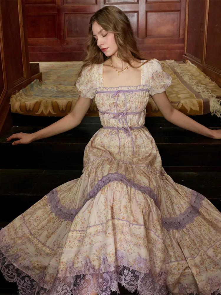 84-96cm Bust Summer Long Dresses Women's Elegant Vintage Floral Print Dress Square Neck Lace Trim Slimming Holiday Midi Dress