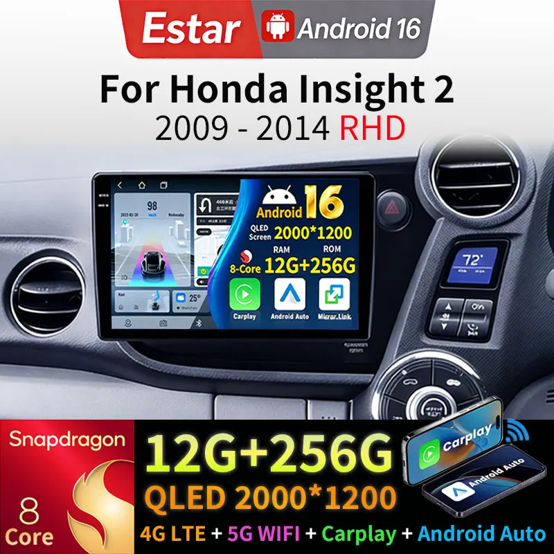 Radio para Auto Android 16 para Honda Insight 2 2009-2014 (Volante a la Derecha), Reproductor Multimedia GPS, Unidad Principal Navi, Carplay Inalámbrico, Estéreo QLED DSP