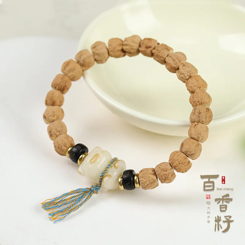Natural Passion Fruit Seed Straight-Cut Bead Bracelet DIY Retro Good Luck Copper Pendant Charcoal-Burnt Bodhi Small Bear Unis