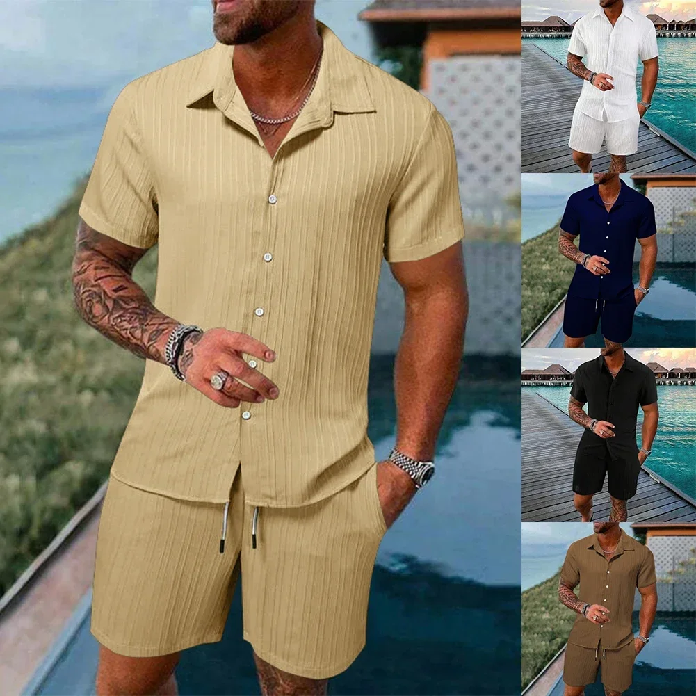 Kurze Männer setzt Button-Down lässig Kragen täglich Hawaii Jacquard Party regelmäßige Sets Kurzarm einfarbig