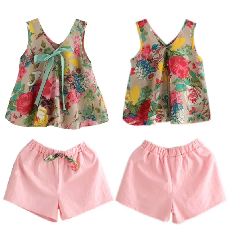 Summer Girls Clothes Sets Sweet Sleeveless Cotton Linen Two Piece Suit Kids Fashion Casual Breathable Outdoor Wear Travel Outfit