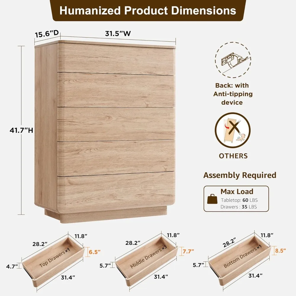خزانة خشبية معاصرة بخمسة أدراج لغرف النوم، 42 صندوق تخزين طويلًا مع أدراج واسعة، تصميم أنيق بدون مقبض لليفي #2