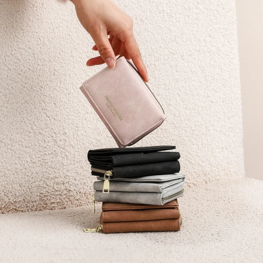 PU Leather Tri-fold Wallet for Women Zipper Closure Velvet Coin Purse Solid Color Large Capacity Business Card Case Office