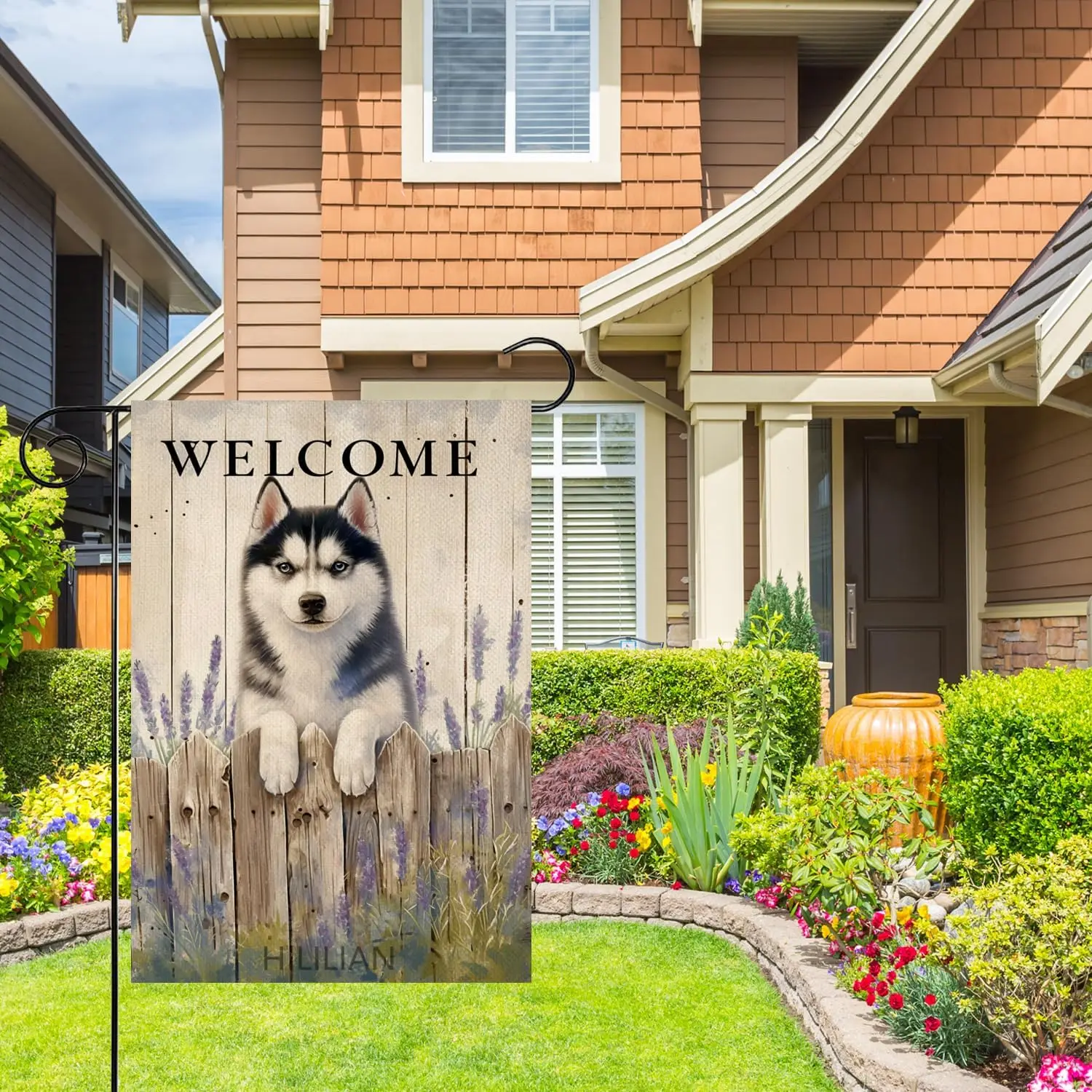 Husky Welcome Spring Garden Flag 12x18 Double Sided, Burlap Small Lavender Garden Yard House Flags Outside Outdoor Summer Porch