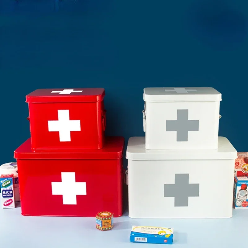 Portable Family Medicine Box Essential Emergency Storage with Handle Metal Material Compact First Aid Container