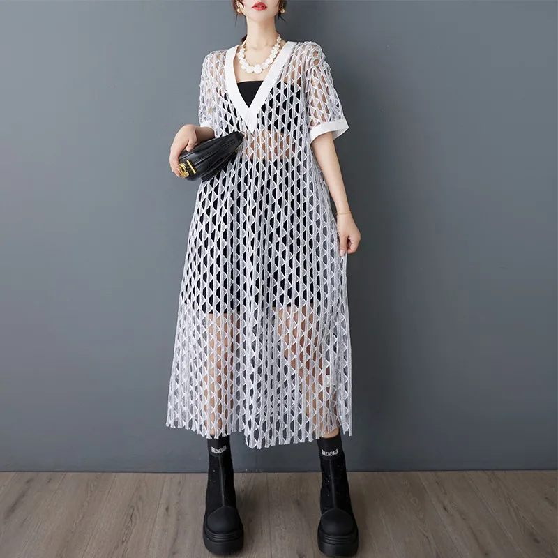 中空メッシュのシースルーワンピース、ファッショナブルなvネックのシルバーワイヤーフィッシングネット、プルオーバーカバー付き